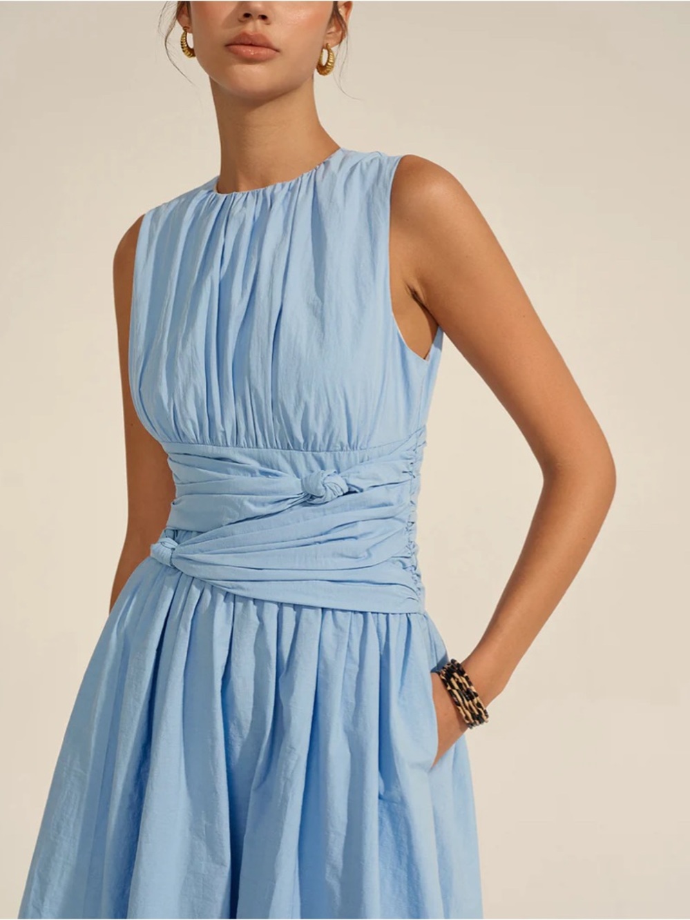 Commense Light Blue Sleeveless Gathered Waist Midi Dress - Picture 3 of 9